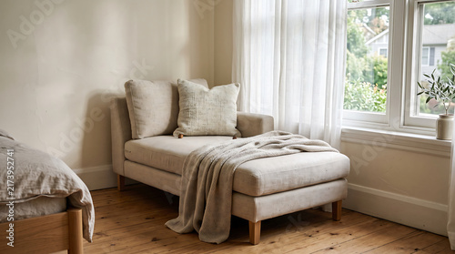 A soft chaise lounge with a neutral blanket creates a peaceful relaxation space in the bedroom. Natural daylight and warm textures add comfort