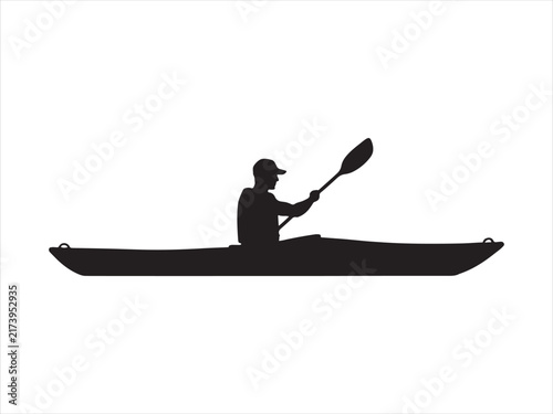 Person in a kayak boat silhouette, Kayaking person silhouette vector isolated illustration