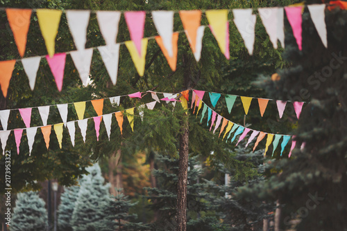 Фотография Colorful flags dance in the breeze, creating a festive atmosphere among the tree