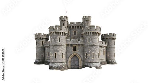 Medieval stone castle fortress with multiple round towers and a central arched gate entrance isolated on a transparent background