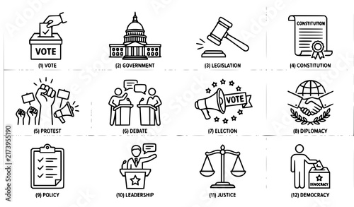 Foto Politics and Government Icon Set Vector Illustration, Thin Line Vote Law and Dem