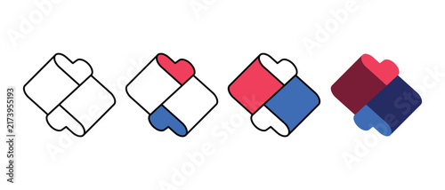 Abstract Isometric Geometric Cube And Heart Shape Interlocking Loop Vector Logo Design Set In Four Styles