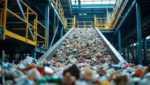 Waste sorting facility operating, conveying a mixture of plastic and refuse for recycling, supporting environmental sustainability