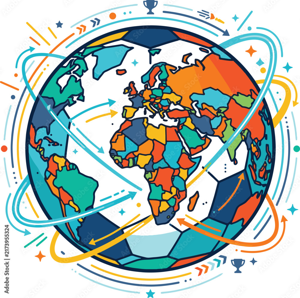 Fototapeta premium Global football tournament vector illustration with colorful world map globe, soccer ball pattern, and flying arrows