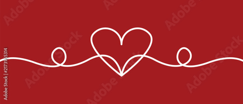 Continuous One-Line Heart Shape With Swirl Loops Divider Vector Illustration On Deep Red Background