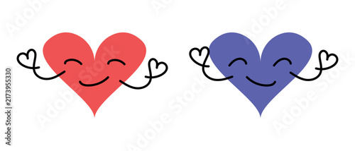 Cute Cartoon Happy Heart Characters With Smiling Faces And Open Arms Vector Illustration Set In Red And Blue