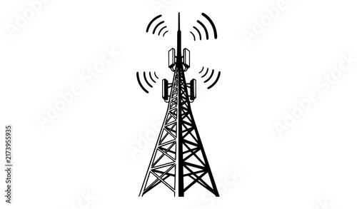 Industrial broadcast transmission tower with antennas and wireless signal waves vector line art