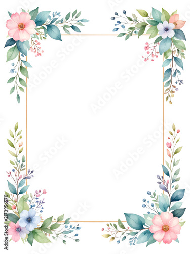 Watercolor leafy frame natural elegance, botanical border, blue and green foliage, soft pastel tones, perfect for invitations, wedding cards, or elegant stationery design.