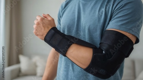 Adult man wearing elbow brace  providing support for injury recovery and rehabilitation at home