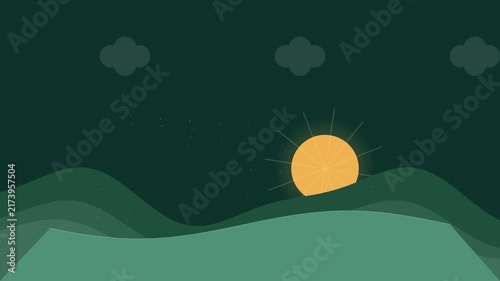 Sunrise over rolling green hills with animated clouds and glowing sun