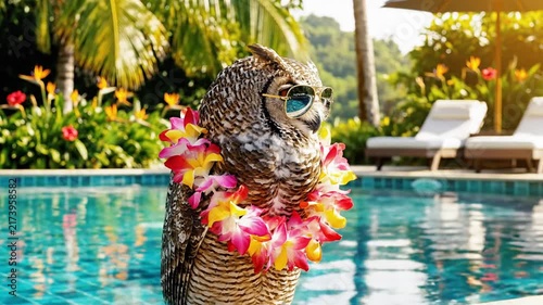 Funny Owl with Lei and Sunglasses at Tropical Poolside