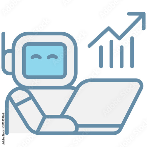A robot laptop automation chart icon with smiling screen and rising arrow