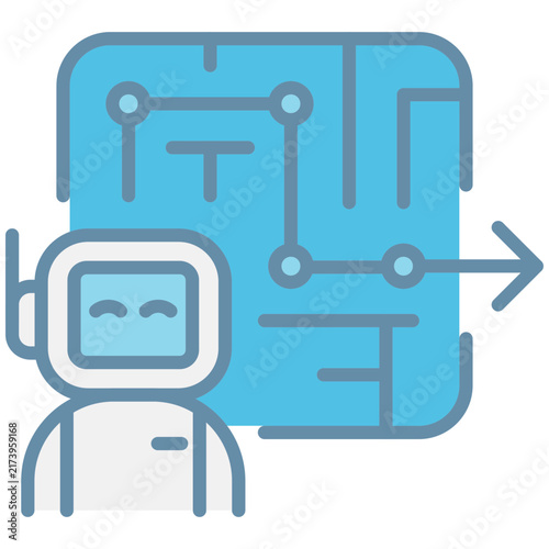 A robot automation workflow diagram blue icon with cheerful bot and process arrow