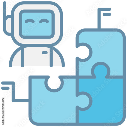 A robot puzzle automation technology connection concept with blue digital integration