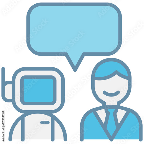 A robot chatbot automation speech bubble person communication icon in blue outline style
