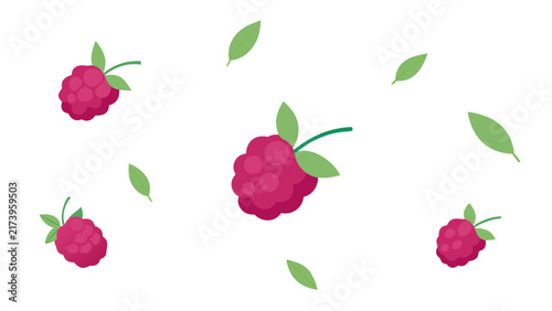 Vibrant pink raspberry vector background with green leaves scattering on white backdrop is perfect for healthy food branding.