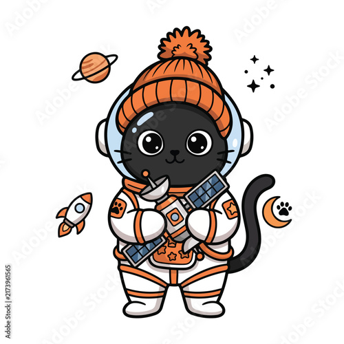 Adorable black cat astronaut wearing an orange beanie and spacesuit, holding a satellite, with planets and a rocket in the background.
