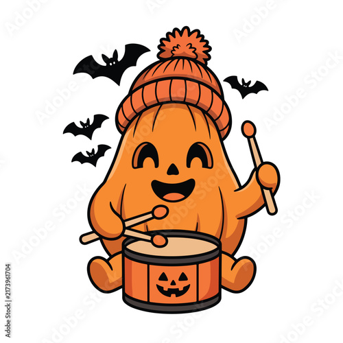 A cute cartoon pumpkin character wearing an orange beanie hat, happily playing a drum with drumsticks, surrounded by flying bats against a white background, celebrating Halloween.