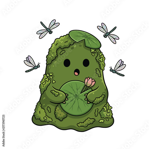 A cute, moss-covered creature with a surprised expression, holding a lily pad and a lotus flower, surrounded by dragonflies.
