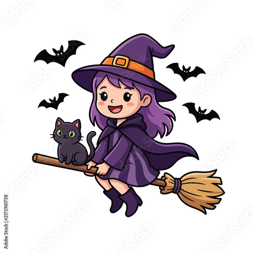 A cute cartoon witch with purple hair and a black cat flying on a broomstick with bats in the background.