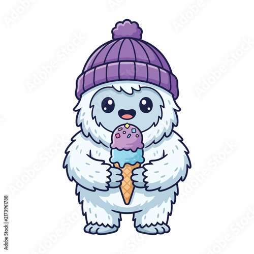 A cute, fluffy white cartoon yeti wearing a purple beanie hat and holding a colorful ice cream cone.