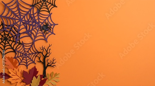 Halloween paper art frame with spider webs and autumn leaves on orange background with copyspace