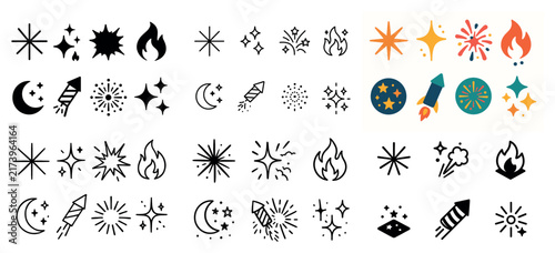 Celebration icons with star firework spark flat