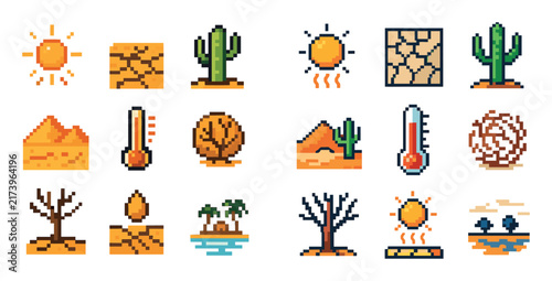 Desert icons with cactus sun dune pixel