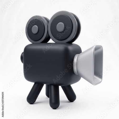 Black vintage movie camera cartoon 3D render isolated on white background with film camera