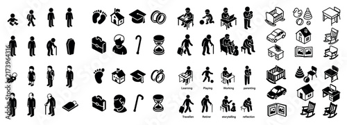 Lifecycle icons with baby coffin wedding rings silhouette
