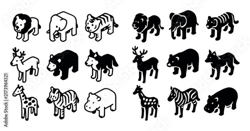 Wildlife icons with lion elephant tiger flat