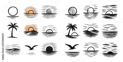 Sunset icons with palm tree and sun sketchy