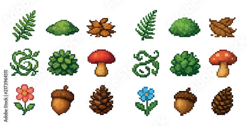 Nature icons with fern mushroom acorn pixel