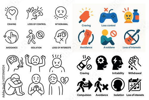 Addiction icons with bottle pill cigarette flat style
