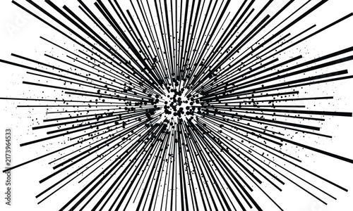 Abstract explosion of black lines and particles against a white background representing energy burst