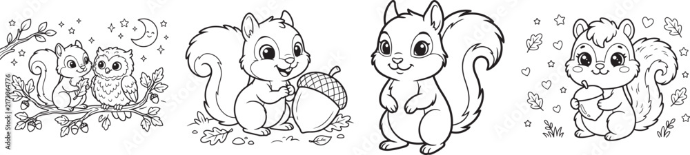 Fototapeta premium Charming black-and-white line-art squirrels in whimsical forest-themed illustrations with playful details and decorative elements