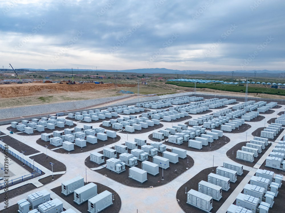 Fototapeta premium Neatly arranged energy storage battery pack facility
