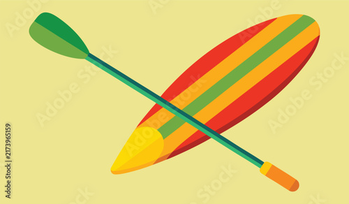 Colorful surfboard and paddle vector illustration. Striped surfing board with oar, summer water sports equipment icon.