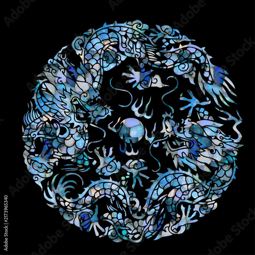 Traditional Korean mother-of-pearl inlay double dragons circular decorative pattern