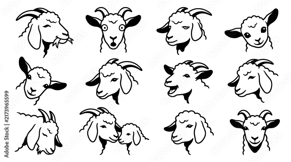 Obraz premium Set of goat head illustrations with various expressions, black and white ink sketch style, farm animal icons for livestock and agricultural branding