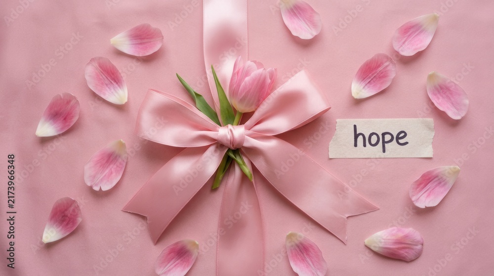 Obraz premium Pink Tulip And Ribbon With Hope Word Symbolizing A Positive Future