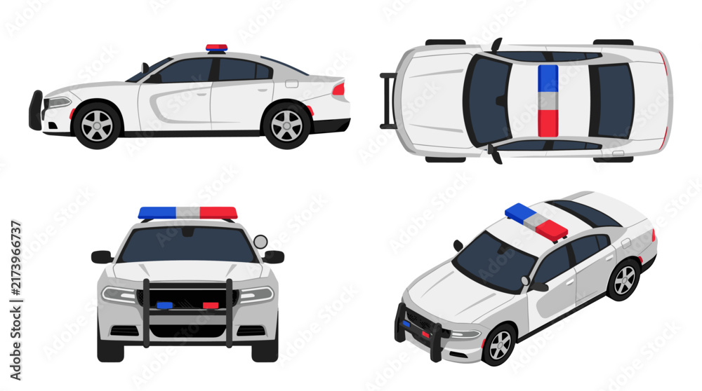 Naklejka premium Police patrol vehicle different viewpoints set, side top front and isometric projection, emergency law enforcement transport, safety patrol icons