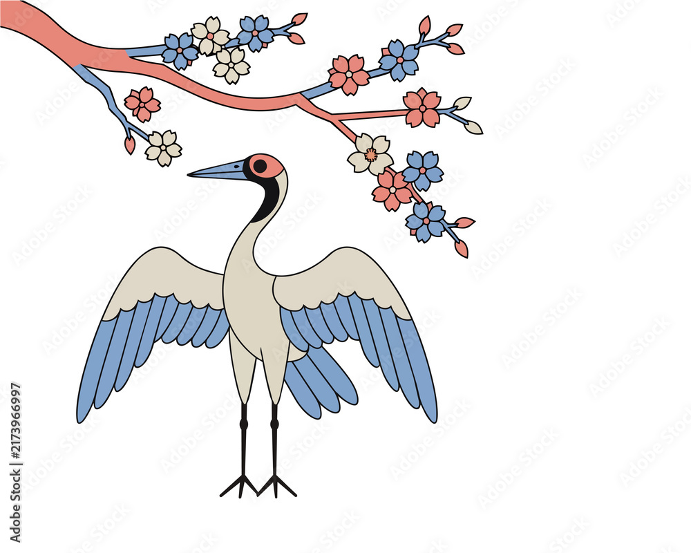 Naklejka premium Red-Crowned Crane with Cherry Blossom Branch Illustration