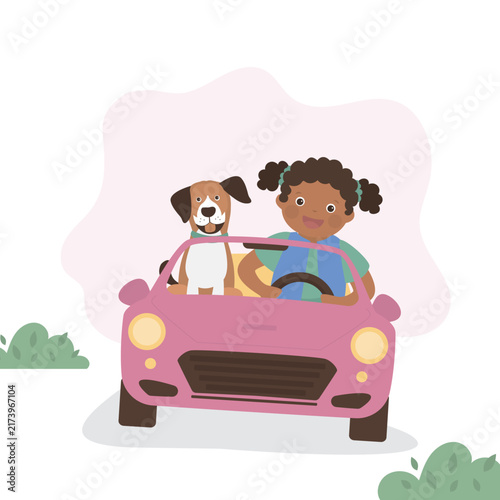 Young girl with big smile happily driving toy car with loyal puppy sitting right next to her. Playful childhood adventure. Vacation, road trip, kid in summer time holidays.