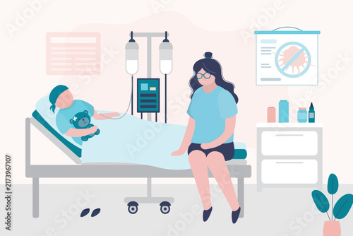 Childhood cancer treatment, oncology. Supportive mother sits by her young son hospital bed while he receives chemotherapy, family love and care during cancer treatment.