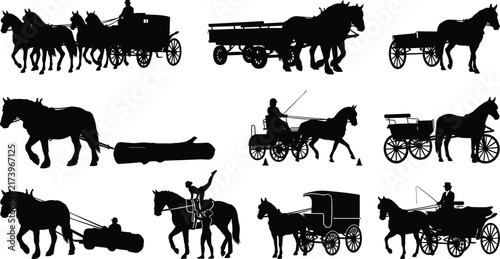 Obraz na plátně Horse Drawn Carriage Vector Silhouettes Set of Working Draft Horses Carts and Va