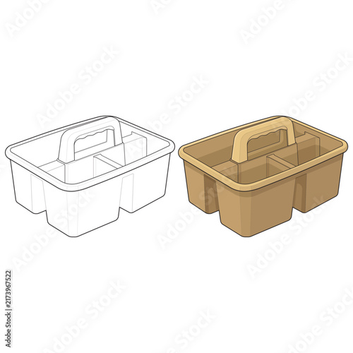 Plastic cleaning caddy tote shown in outline and colored versions, featuring multiple compartments and a sturdy handle for carrying cleaning supplies.