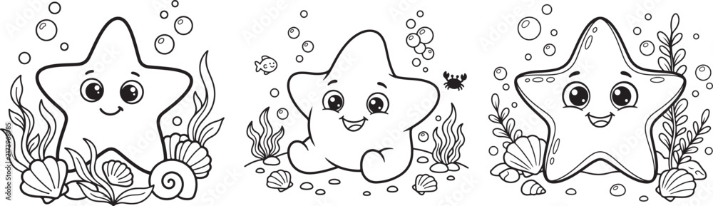 Obraz premium Three Whimsical Cartoon Sea Stars with Playful Faces Floating Amidst Bubbles, Seaweed, and Shells in Black and White Line Art Style