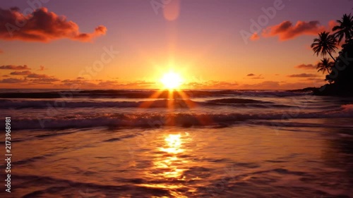 Golden Sunset Over Tropical Beach Ocean Waves Palm Trees