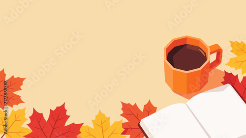 Cozy autumn morning illustration featuring orange coffee mug and open book surrounded by falling colorful maple leaves